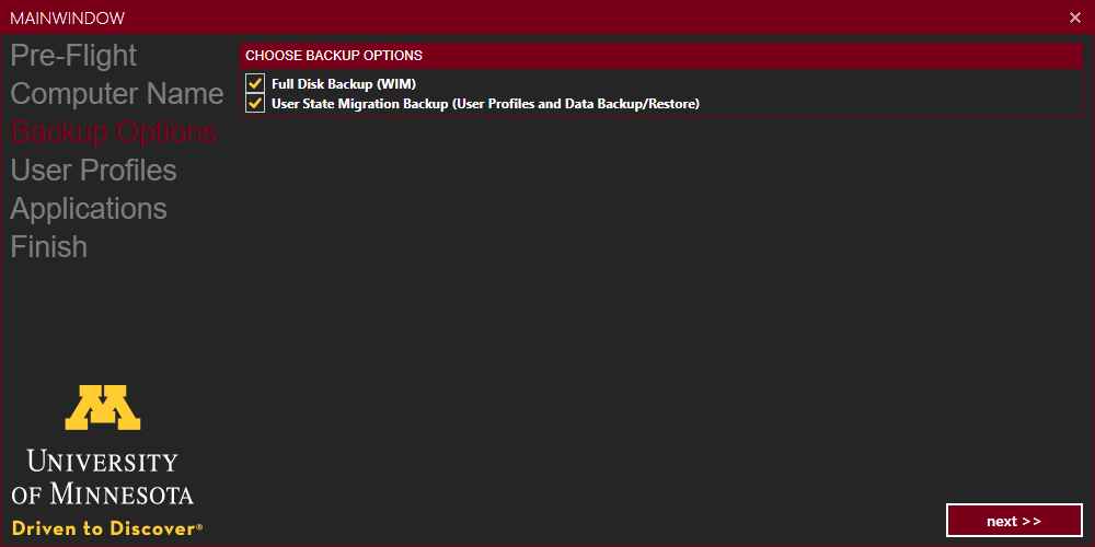 backup options screen